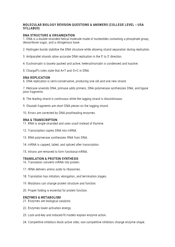 Molecular Biology Questions & Answers