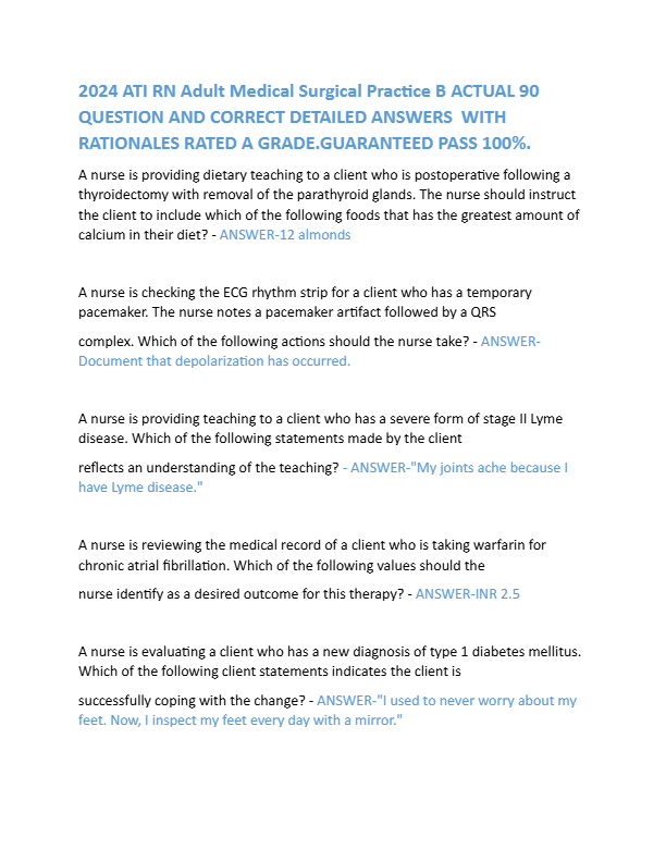 2024 ATI RN Adult Medical Surgical Practice B ACTUAL 90 QUESTION AND CORRECT DETAILED ANSWERS