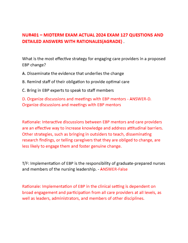 NUR401 – MIDTERM EXAM ACTUAL 2024 EXAM 127 QUESTIONS AND DETAILED ANSWERS WITH RATIONALES(AGRADE)