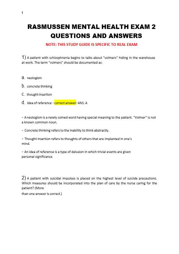 RASMUSSEN MENTAL HEALTH EXAM 2  QUESTIONS AND ANSWERS
