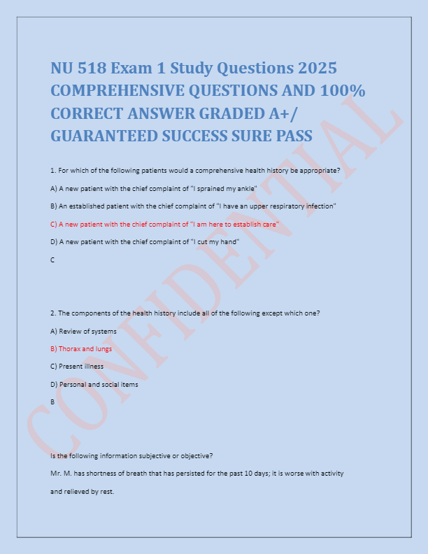 NU 518 Exam 1 Study Questions 2025 COMPREHENSIVE QUESTIONS AND 100% CORRECT ANSWER GRADED A+/ GUARAN
