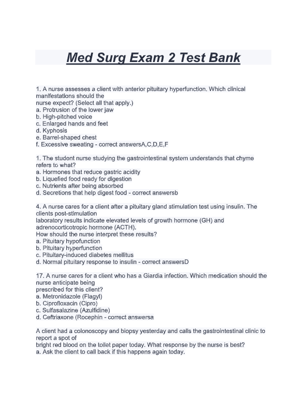 Med Surg 2 Exam Prep 2025-2026: Accurate Questions & Detailed Answers | 100% Pass Guarantee