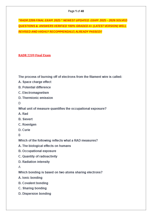 “RADR 2209 FINAL EXAM  2025 “ NEWEST UPDATED  EXAM  2025 – 2026 SOLVED  QUESTIONS &  ANSWERS VERIFIE