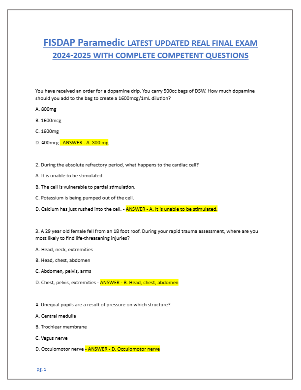 FISDAP Paramedic LATEST UPDATED REAL FINAL EXAM  2024-2025 WITH COMPLETE COMPETENT QUESTIONS