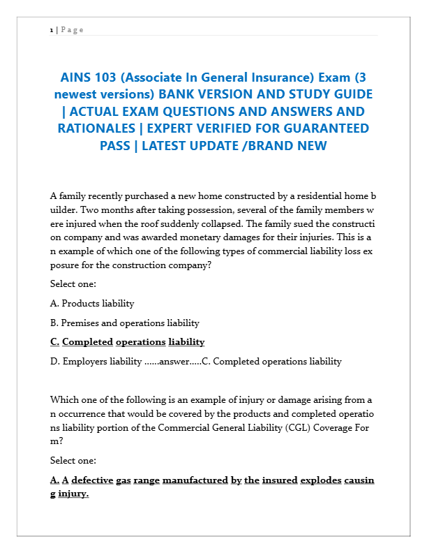 AINS 103 Exam 2025: Associate in General Insurance – Complete Study Guide & Verified Answers
