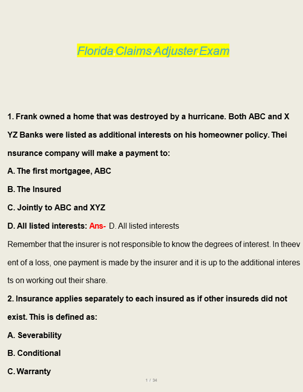 2025 Florida Claims Adjuster Exam Prep: 450 Practice Questions & Verified Answers | All Lines Adjust