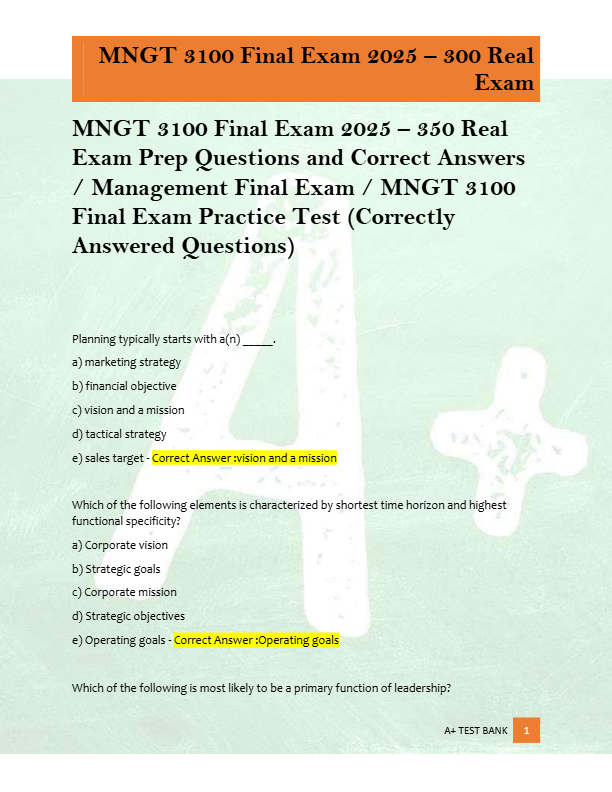 MNGT 3100 Final Exam 2025 – 350 Real  Exam Prep Questions and Correct Answers  / Management Final Ex
