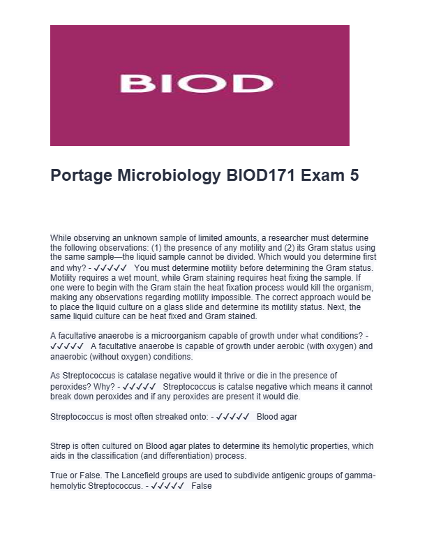 Portage Microbiology BIOD171 Exam 5  GRADED A 2025