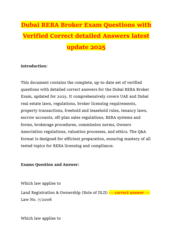 Dubai RERA Broker Exam Questions with Verified Correct detailed Answers latest update 2025