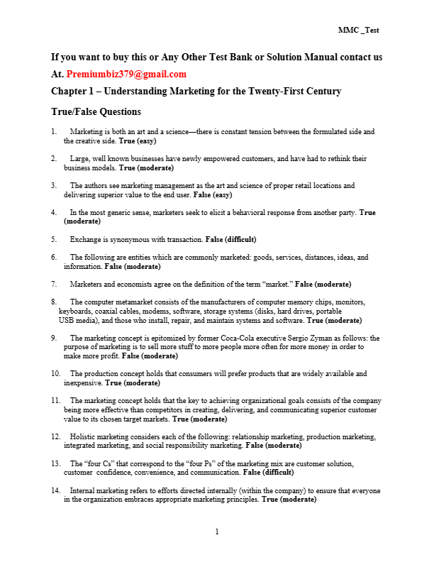 Marketing Management 4th Edition Test Bank | Johnston & Marshall All Chapters 1-14 (2025)