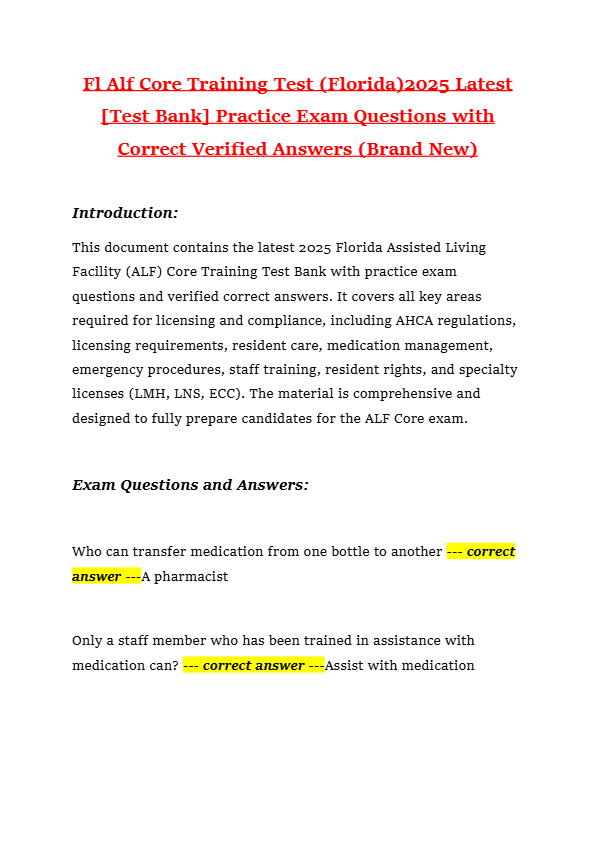 Fl Alf Core Training Test (Florida)2025 Latest [Test Bank] Practice Exam Questions with Correct Veri