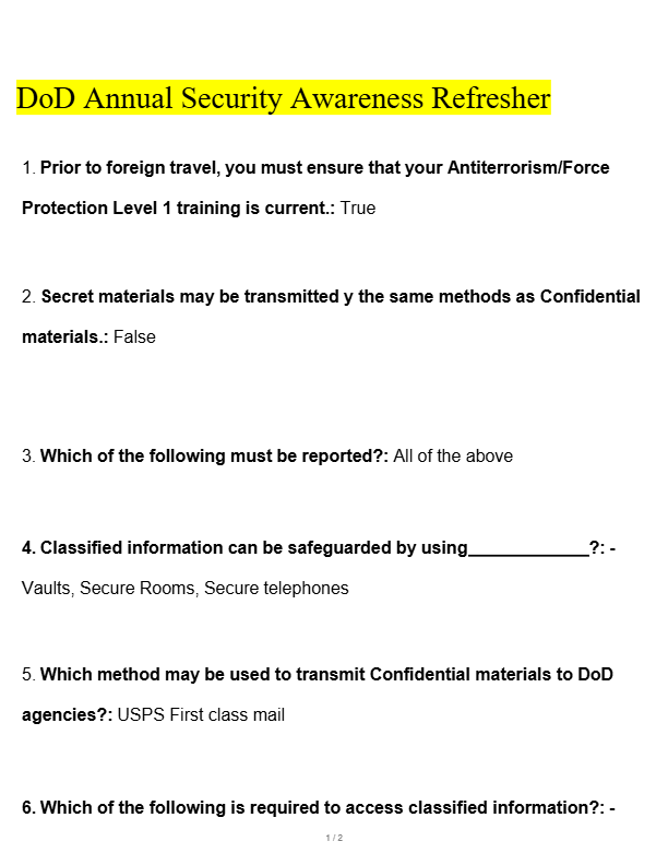DoD Annual Security Awareness Exam Prep 2025–2026 | Accurate Questions & Verified Solutions | 100% P