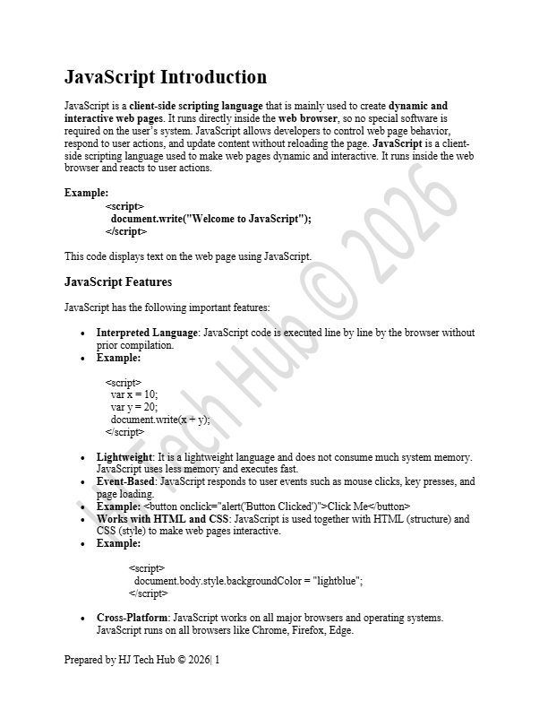 Complete JavaScript Notes | Web Development | BCA/MCA/BSCS | Examples & Projects