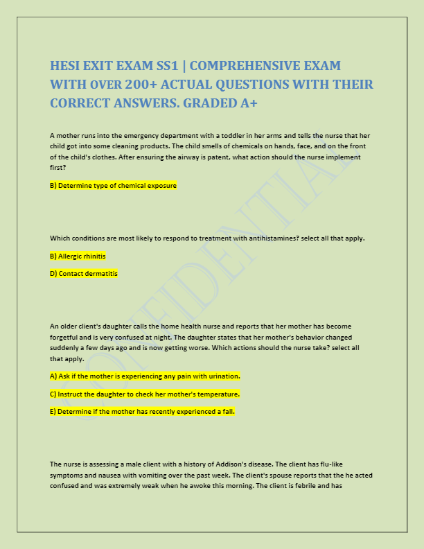 HESI EXIT EXAM SS1 | COMPREHENSIVE EXAM WITH OVER 200+ ACTUAL QUESTIONS WITH THEIR CORRECT ANSWERS.