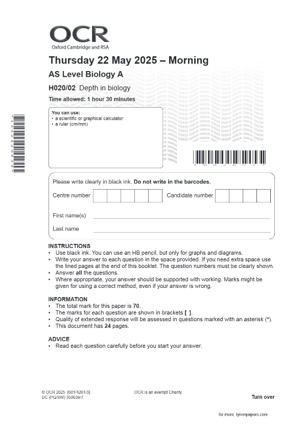 OCR AS Level Biology А H020/02 Depth in biology JUNE 2025