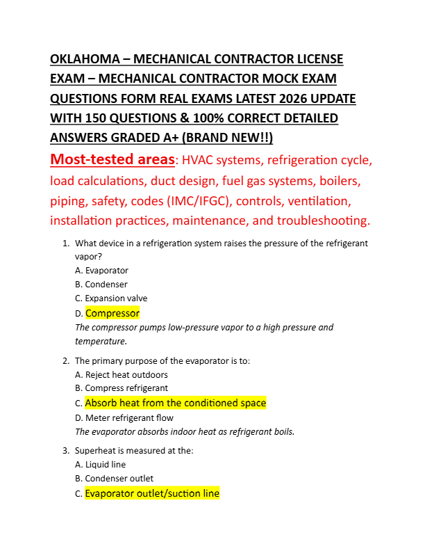 OKLAHOMA – MECHANICAL CONTRACTOR LICENSE  EXAM – MECHANICAL CONTRACTOR MOCK EXAM QUESTIONS FORM REAL