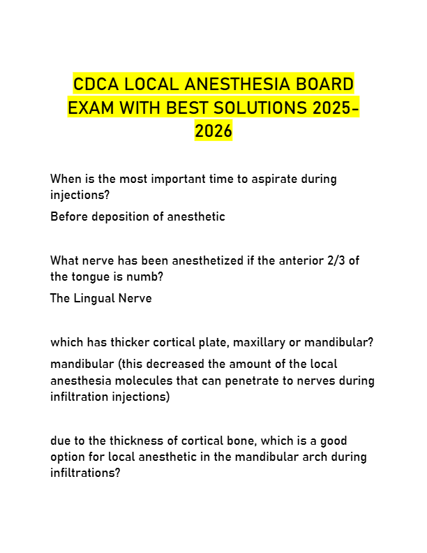 CDCA LOCAL ANESTHESIA BOARD  EXAM WITH BEST SOLUTIONS 2025 2026