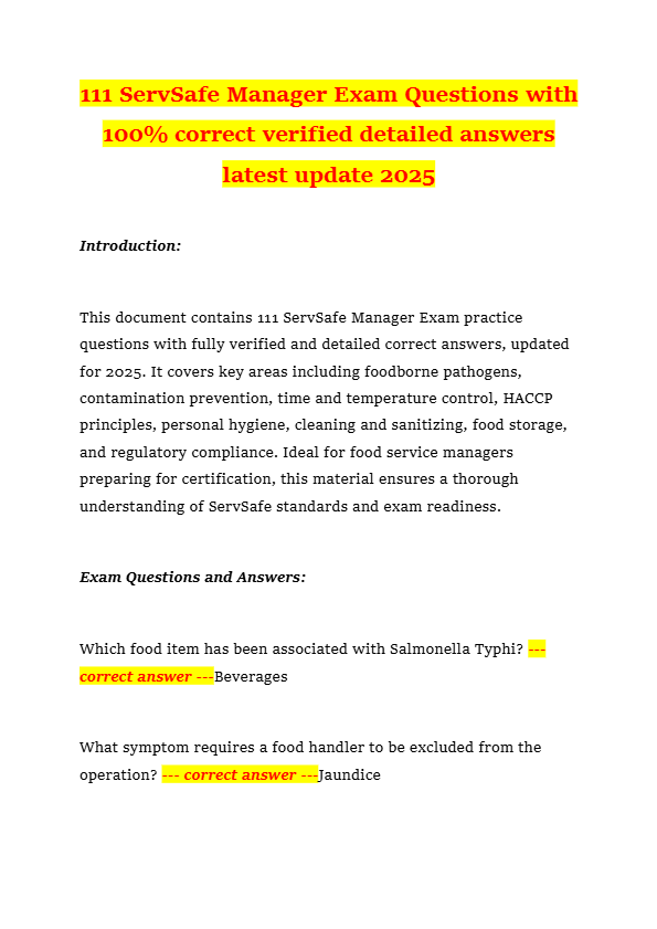 111 ServSafe Manager Exam Questions with 100% correct verified detailed answers latest update 2025