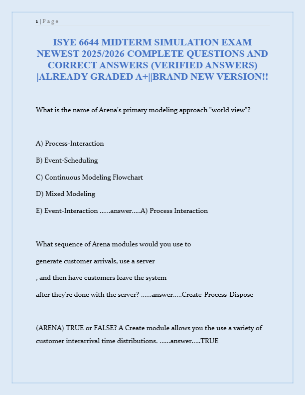 ISYE 6644 Midterm 2 2025: Latest Exam Questions & Verified Answers (Rated A+)