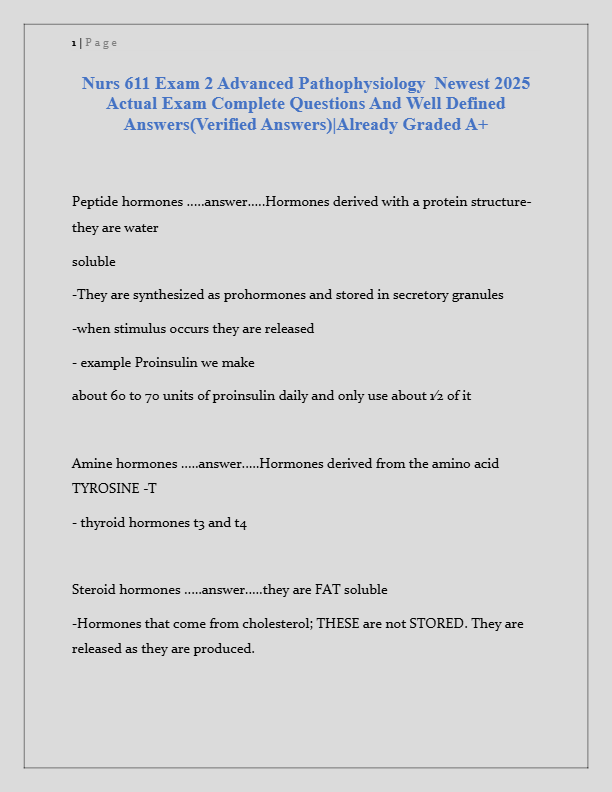 Nurs 611 Exam 2 Advanced Pathophysiology 2025 | Complete Q&A Guide | Verified Answers | Graded A