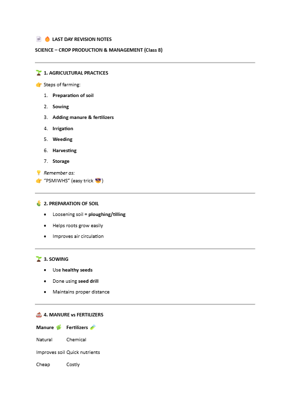 Class 8 Science – Crop Production & Management | Last Day Revision Notes (Exam Ready 🚀)