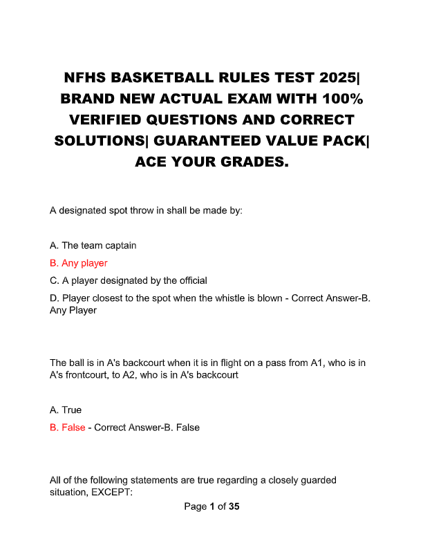 NFHS Basketball Test Package Deal 2025–2026: Study Questions & 100% Correct Answers – Guaranteed Pas