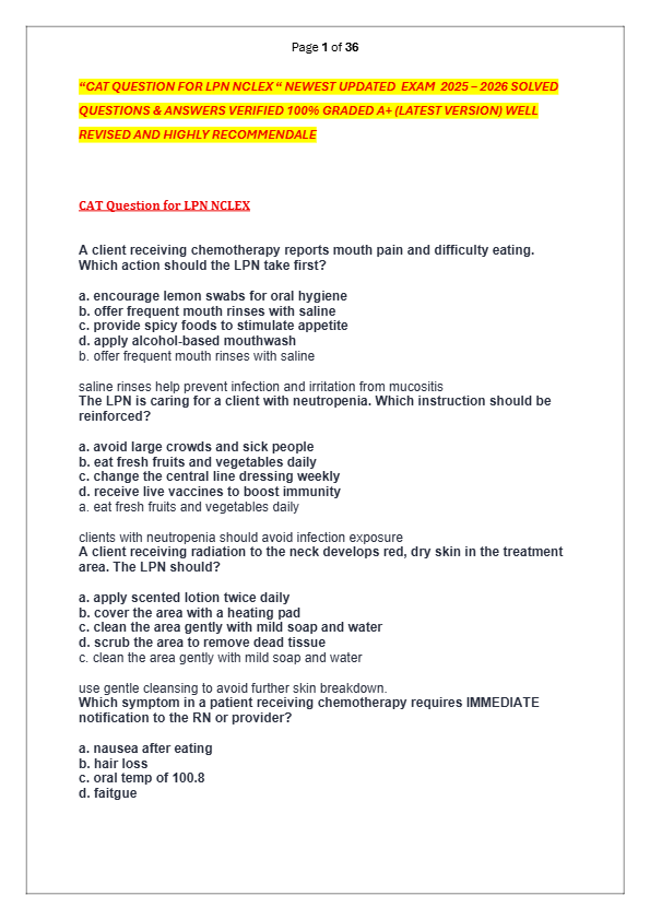 “CAT QUESTION FOR LPN NCLEX “ NEWEST UPDATED  EXAM  2025 – 2026 SOLVED  QUESTIONS & ANSWERS VERIFIED