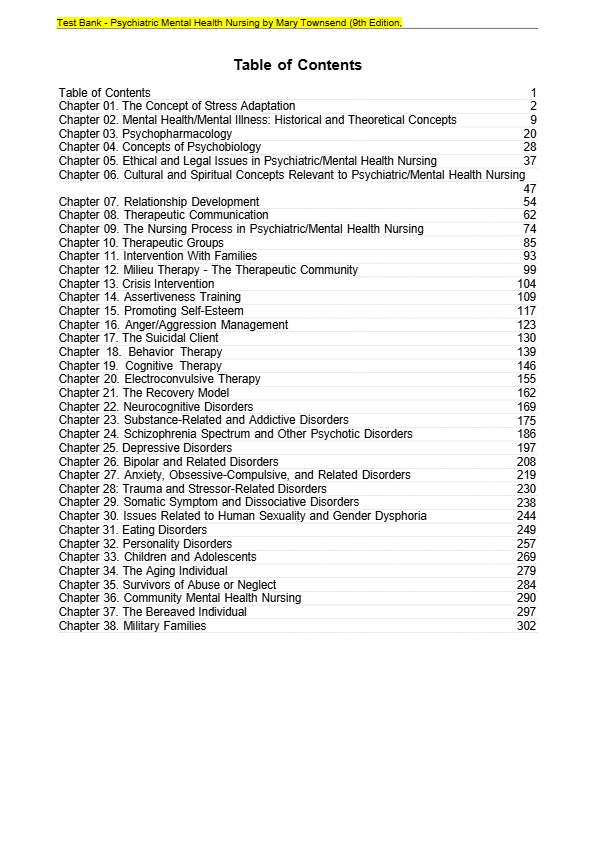 Test Bank - Psychiatric Mental Health Nursing by Mary Townsend 9th Edition