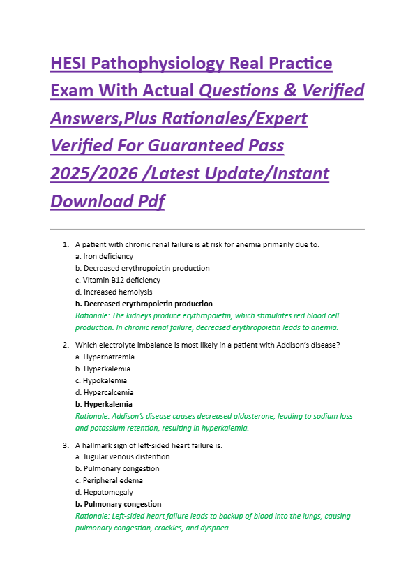 HESI Pathophysiology Real Practice  Exam With Actual Questions & Verified  Answers,Plus Rationales/E
