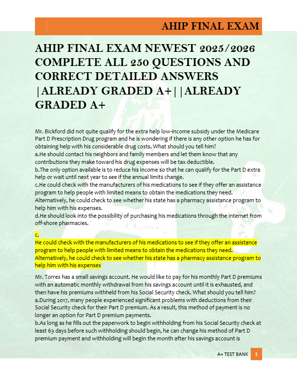 AHIP FINAL EXAM NEWEST 2025/2026  COMPLETE ALL 250 QUESTIONS AND  CORRECT DETAILED ANSWERS  |ALREADY