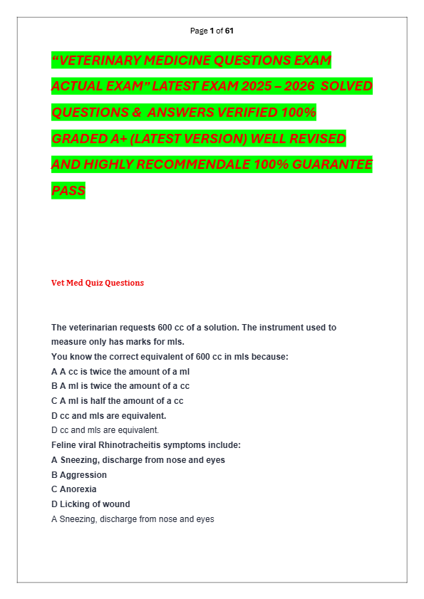 “VETERINARY MEDICINE QUESTIONS EXAM  ACTUAL EXAM” LATEST EXAM 2025 – 2026  SOLVED  QUESTIONS &  ANSW