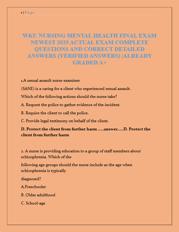 WKU Nursing Mental Health Final Exam 2025 | Actual Questions & Verified Answers