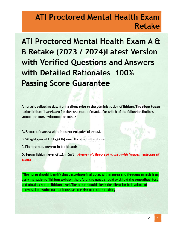 ATI Proctored Mental Health Exam A &  B Retake (2023 / 2024)Latest Version  with Verified Questions