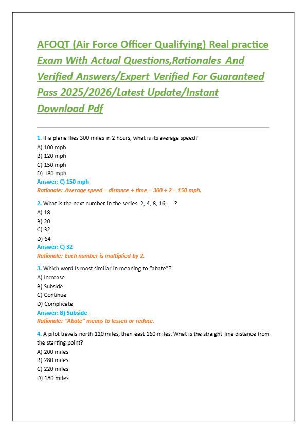 AFOQT (Air Force Officer Qualifying) Real practice  Exam With Actual Questions,Rationales And  Verif