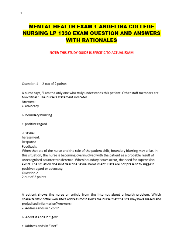 MENTAL HEALTH EXAM 1  ANGELINA COLLEGE  NURSING LP 1330 EXAM QUESTION AND ANSWERS  WITH RATIONALES