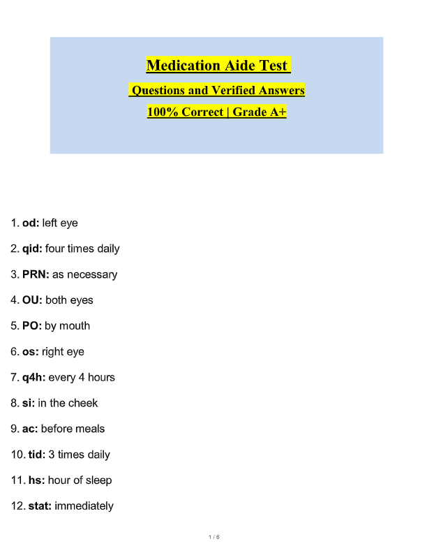 Level 1 Medication Aide Test 2025 – Exam Questions & 100% Verified Answers