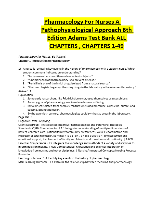Pharmacology For Nurses A  Pathophysiological Approach 6th  Edition Adams Test Bank ALL  CHAPTERS