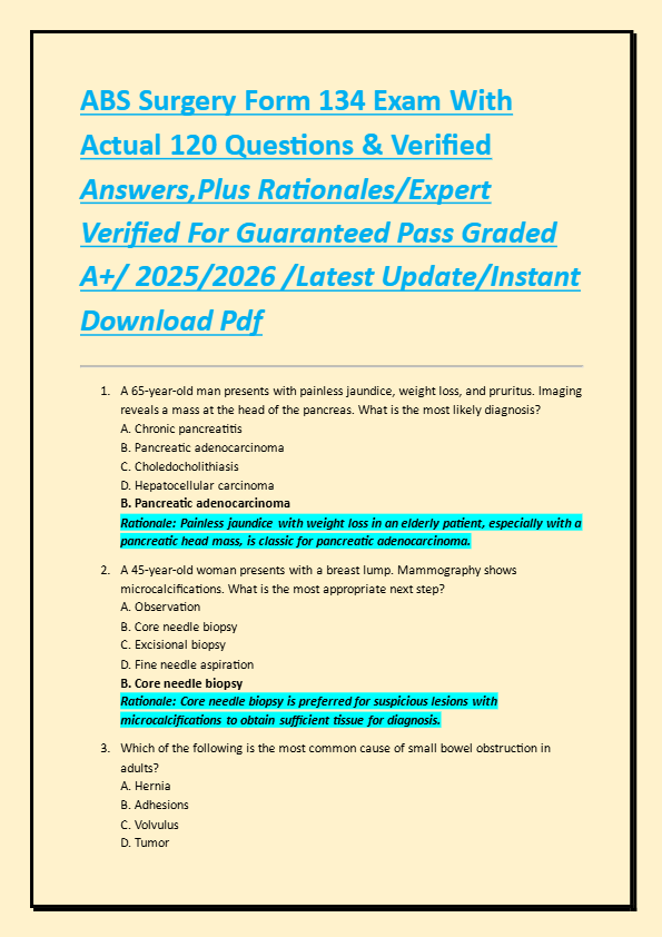 ABS Surgery Form 134 Exam With  Actual 120 Questions & Verified  Answers,Plus Rationales/Expert  Ver