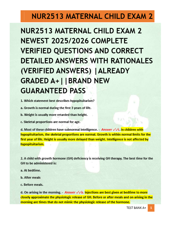 NUR2513 MATERNAL CHILD EXAM 2  NEWEST 2025/2026 COMPLETE  VERIFIED QUESTIONS AND CORRECT  DETAILED A