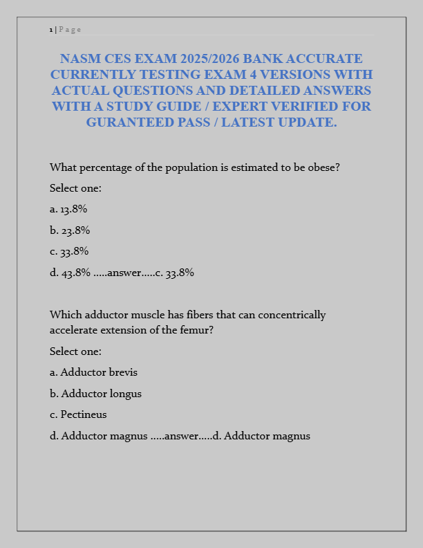NASM CES Exam 2025/2026 – Actual Questions & Answers | Expert-Verified Study Guide for Guaranteed Pa