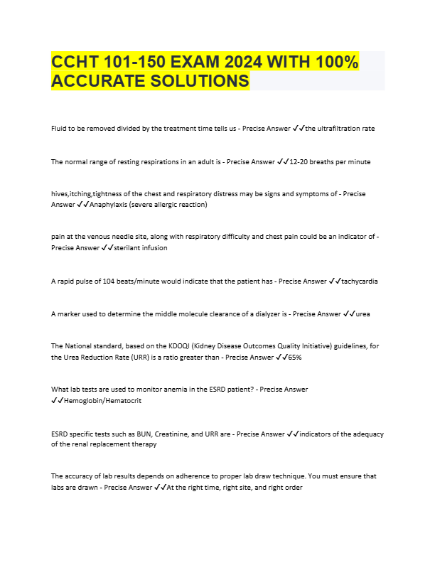 CCHT 101–150 Study Guide 2025 – Exam Questions & 100% Correct Answers