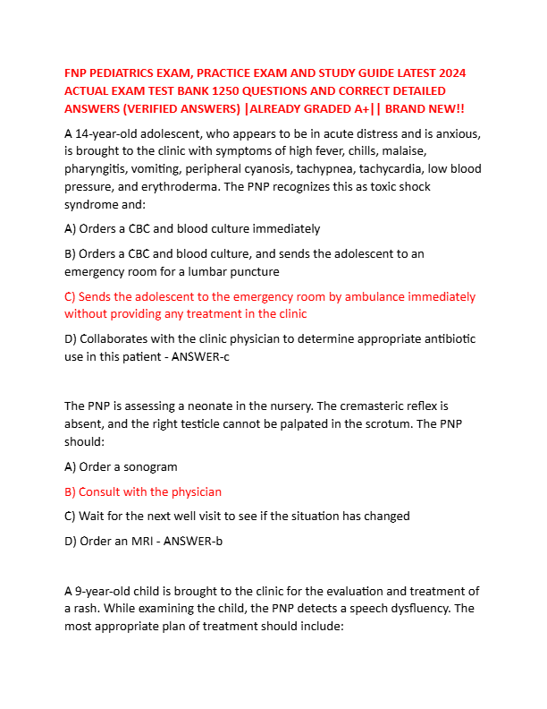 FNP PEDIATRICS EXAM, PRACTICE EXAM AND STUDY GUIDE LATEST 2024 ACTUAL EXAM