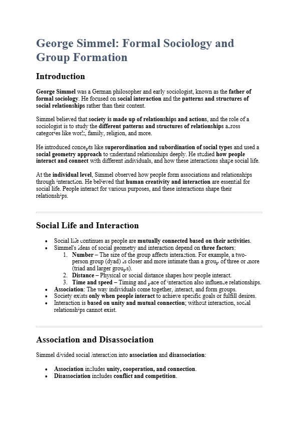 Formal sociology by George Simmel: Social interaction, forms and group life
