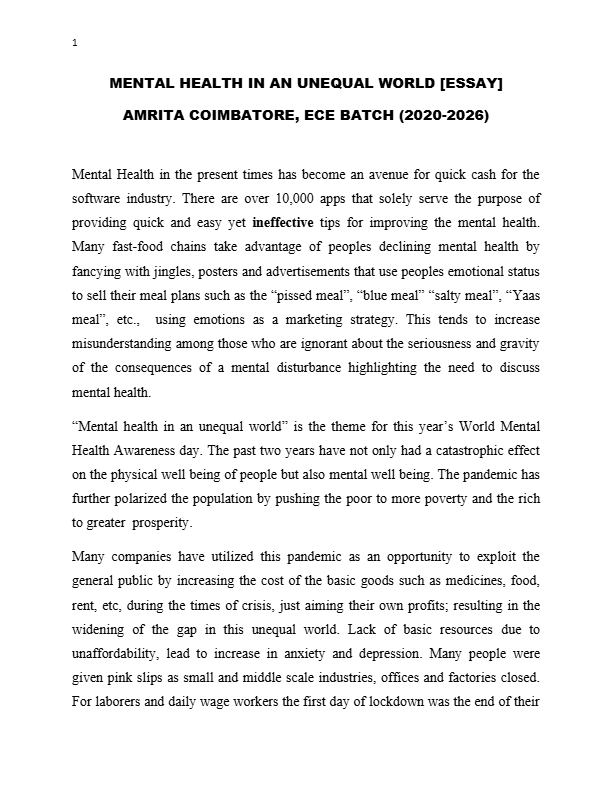 MENTAL HEALTH IN AN UNEQUAL WORLD [ESSAY]  AMRITA COIMBATORE, ECE BATCH (2020-2026)