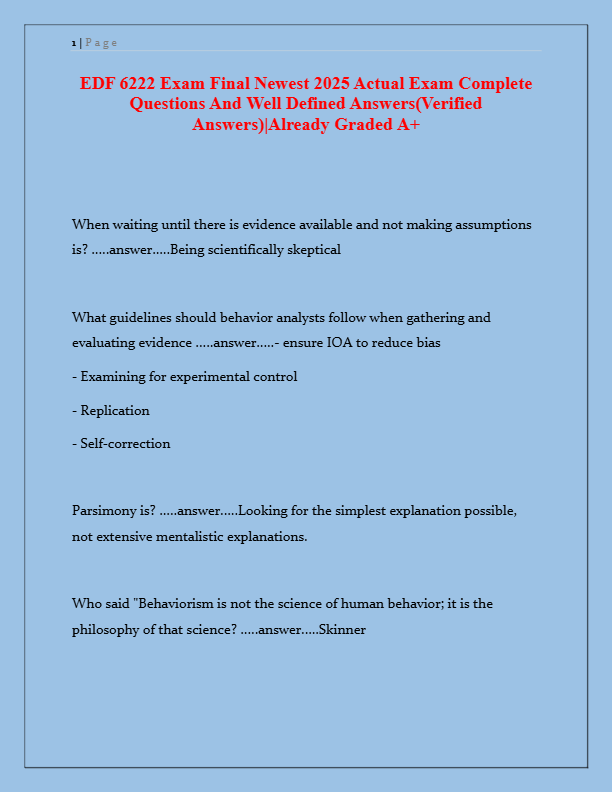 EDF 6222 Final Exam Study Guide 2025 | Complete Questions & Verified Answers | Behavior Analysis & A