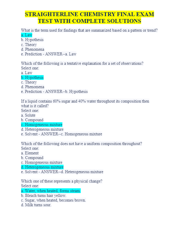STRAIGHTERLINE CHEMISTRY FINAL EXAM TEST WITH COMPLETE SOLUTIONS