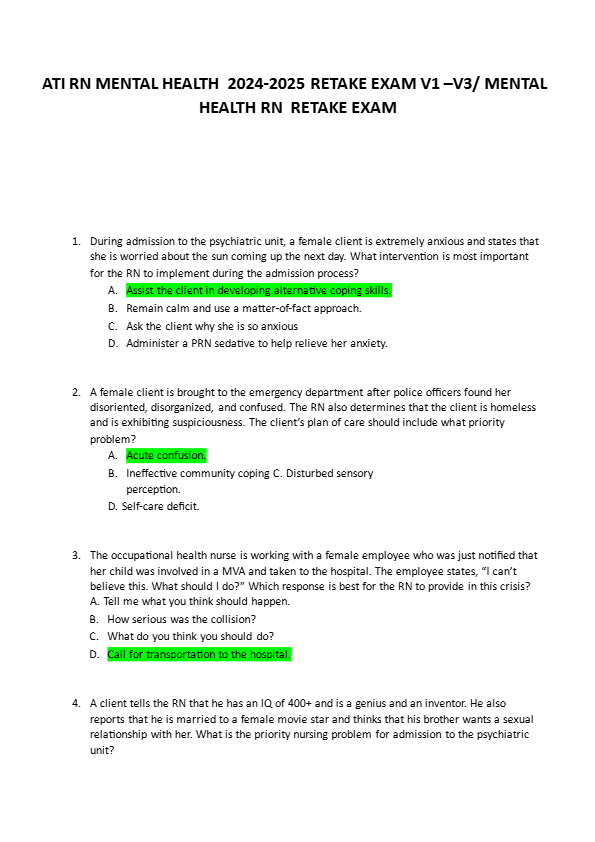 ATI RN MENTAL HEALTH  2024-2025 RETAKE EXAM V1 –V3/ MENTAL  HEALTH RN  RETAKE EXAM