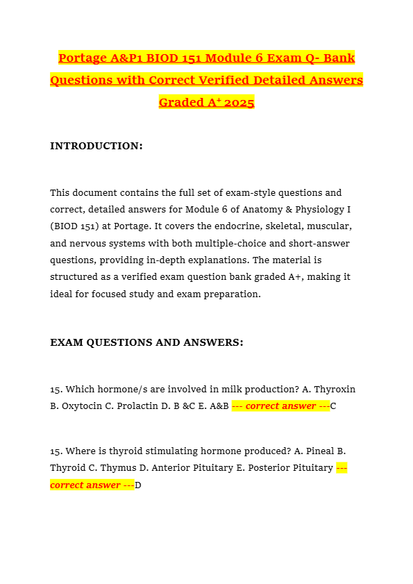 Portage A&P1 BIOD 151 Module 6 Exam Q- Bank  Questions with Correct Verified Detailed Answers Graded