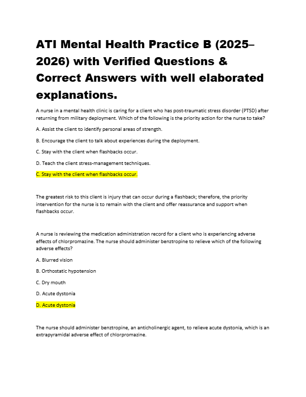 ATI Mental Health Practice B (2025–2026) with Verified Questions & Correct Answers with well elabora
