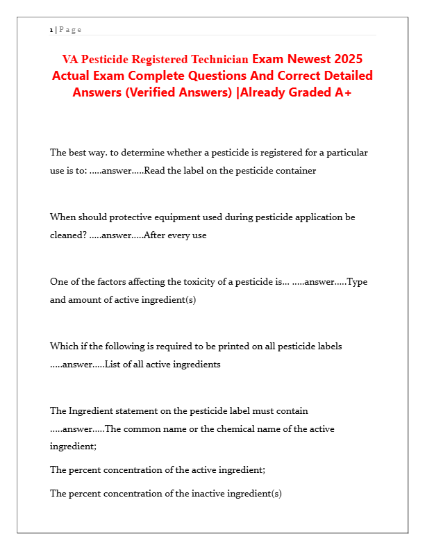 VA Pesticide Registered Technician Exam 2025: Actual Questions & Verified Answers | Guaranteed Pass